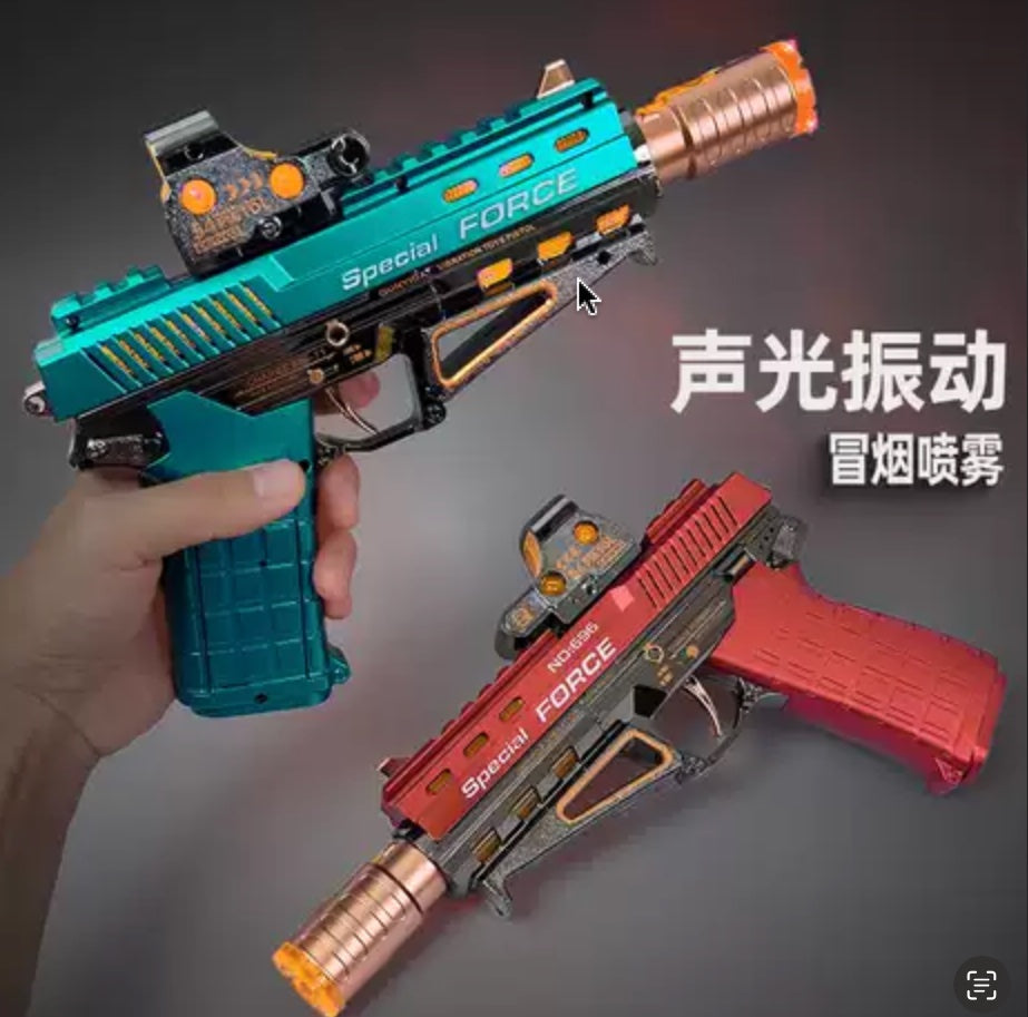 (Flame Musical gun With Moving Top Loader and smoke Telescopic Barrel And Target Projection Effect - vibrating gun with lights and music